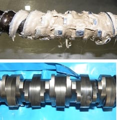 Removal of hardend plastic with 3.000 bar high pressure water from extruder screws